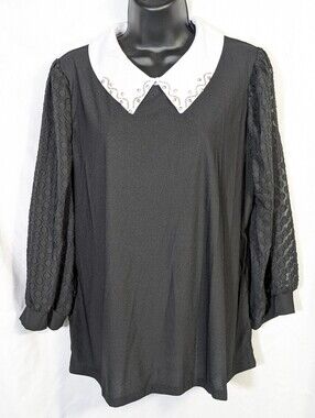 A Love Story Women’s Top Rhinestone Peterpan Collar Sheer Sleeves Feminine XL